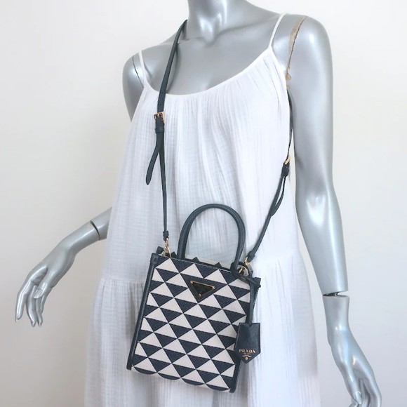 Prada Symbole Mini Tote Baltic Blue/White Embroidered Jacquard Crossbody Bag NEW - Picture 2 of 12